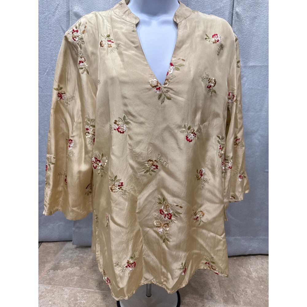 Isabella Bird Womens Large 100% Silk Embroidered Floral Tunic Top Gold V-Neck
